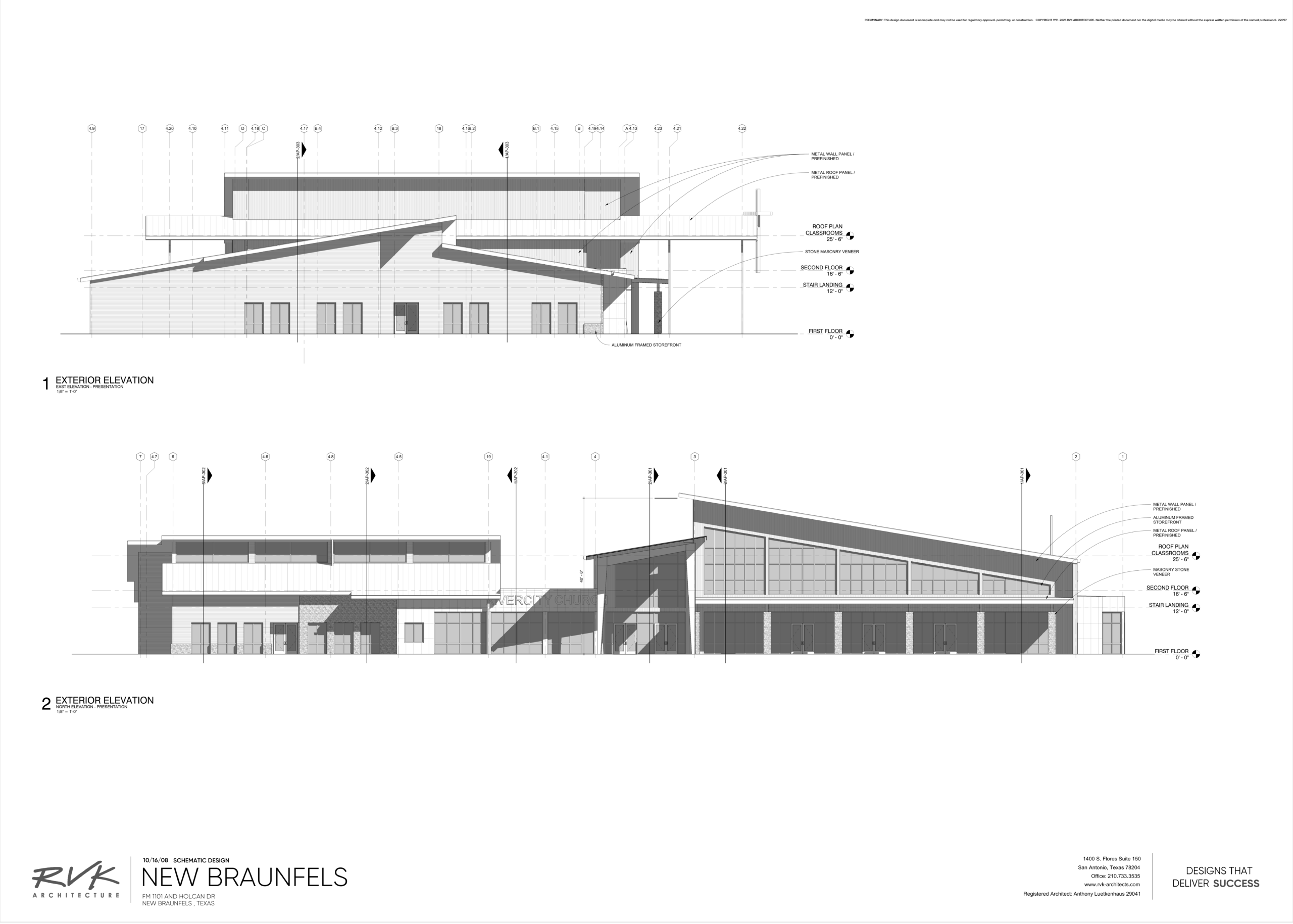 Exterior Elevations — East & North